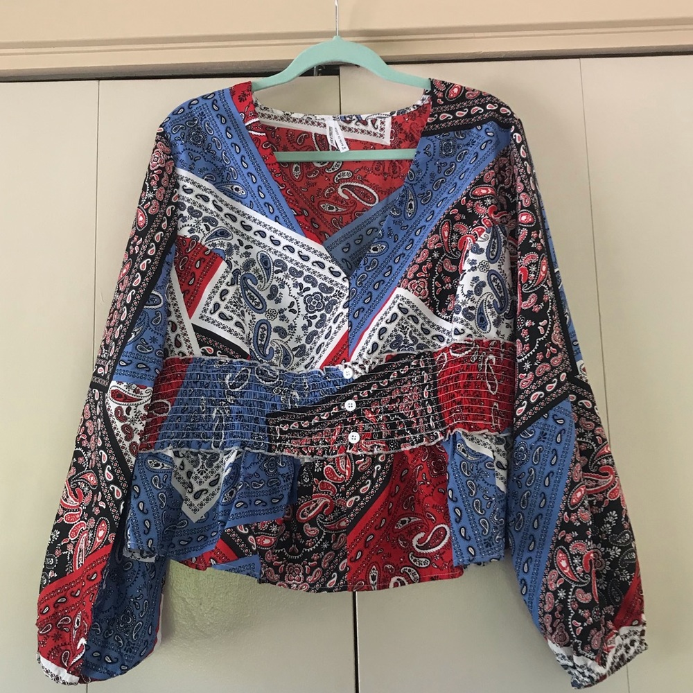 Paisley Patchwork Boho Peasant Cropped Blouse Plu… - image 1